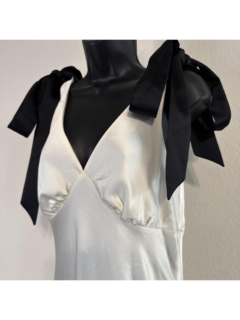 Express Cream Satin V-Neck Midi Cami Slip Dress w/ Black Ties on Shoulder - MED - Picture 2 of 13